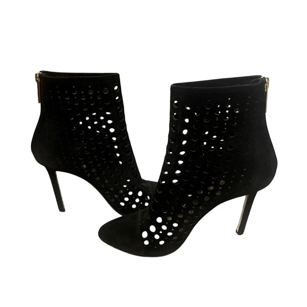 Tamara Mellon 7.5 Laser Cut Italian Suede Ankle Boots $895 Polka Dot Heels Black